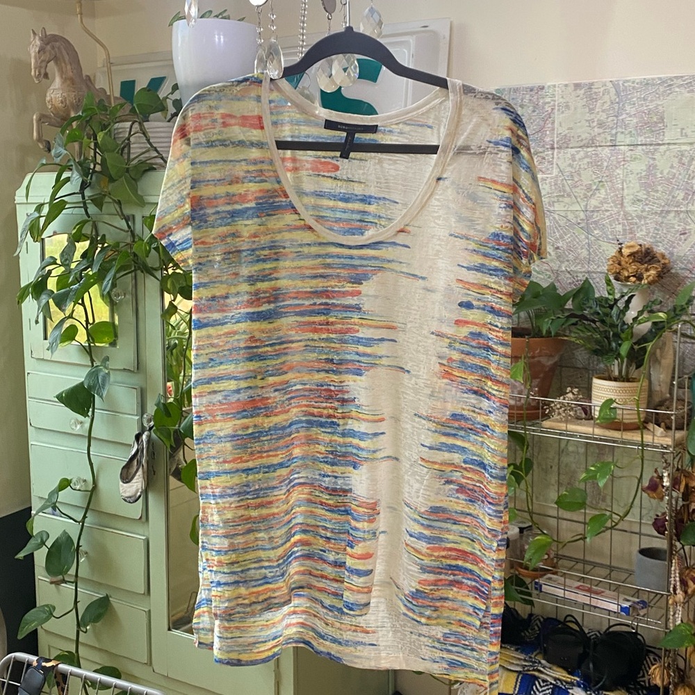 BCBGMaxAzria Cream Scoop Neck Top with Multicolor Stripes